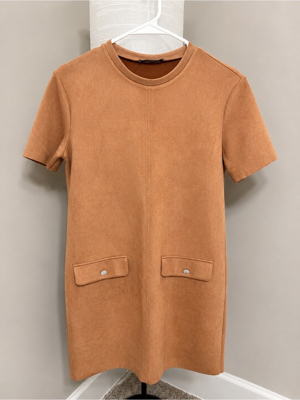 Zara Tan Short-Sleeve Shift Dress